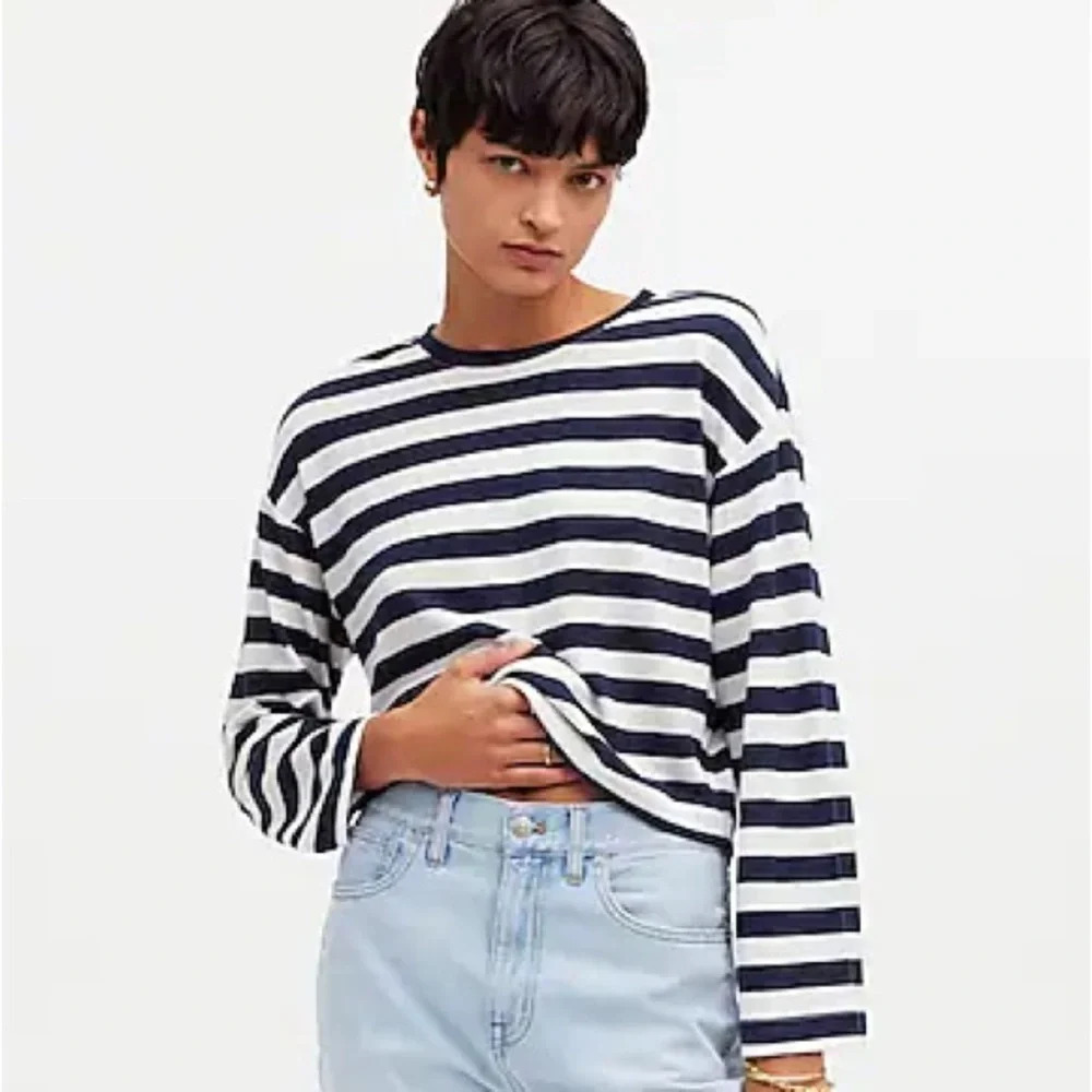 Madewell Drop-Shoulder Pullover Crop Tee Shirt Top in Stripe Size XXS